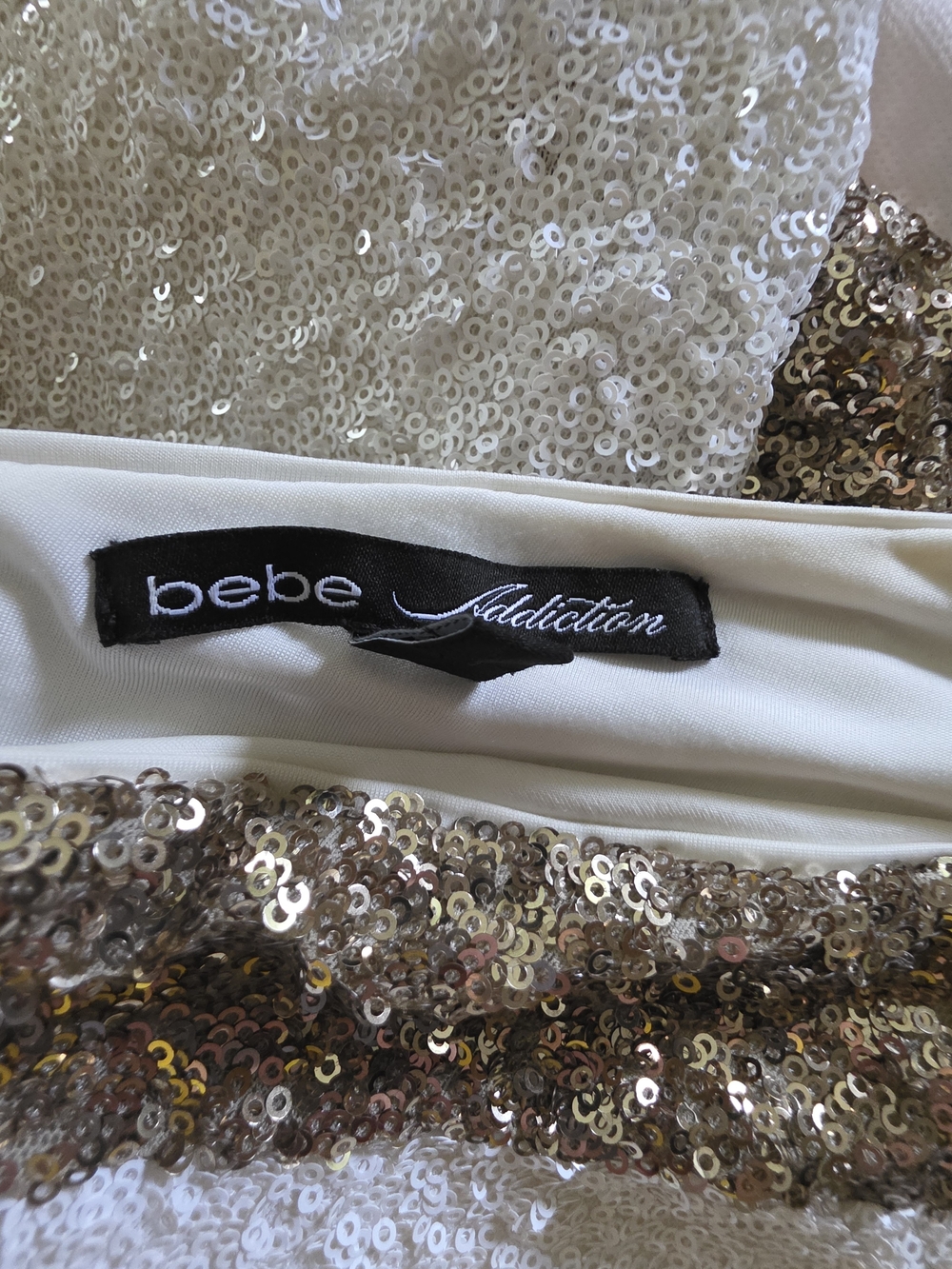 bebe One-Shoulder Ivory and Gold Sequin COCKTAIL Party Dress SMALL - Picture 2 of 7